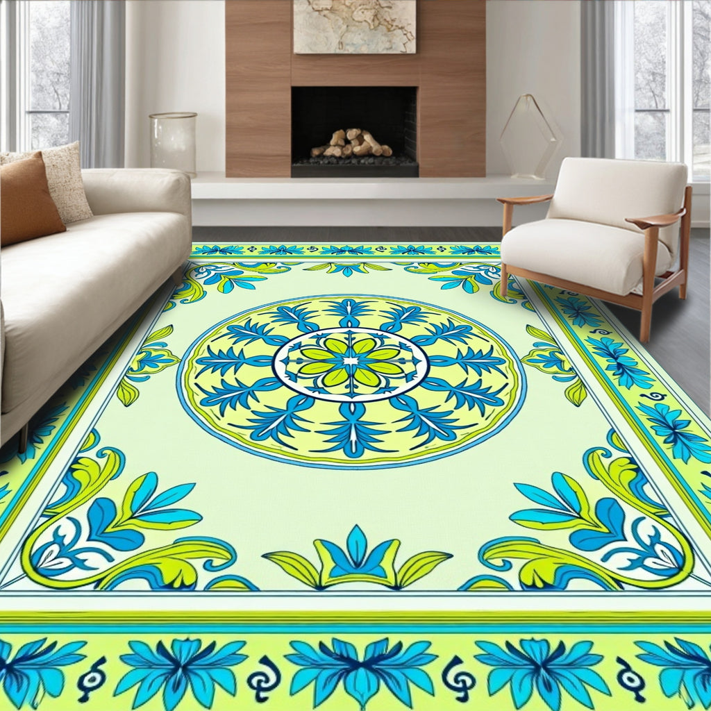 Vibrant Blue Green Floral Mandala Rug