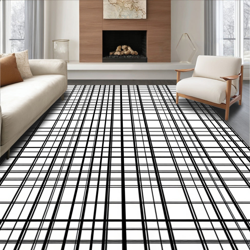 Classic Black White Grid Pattern Rug