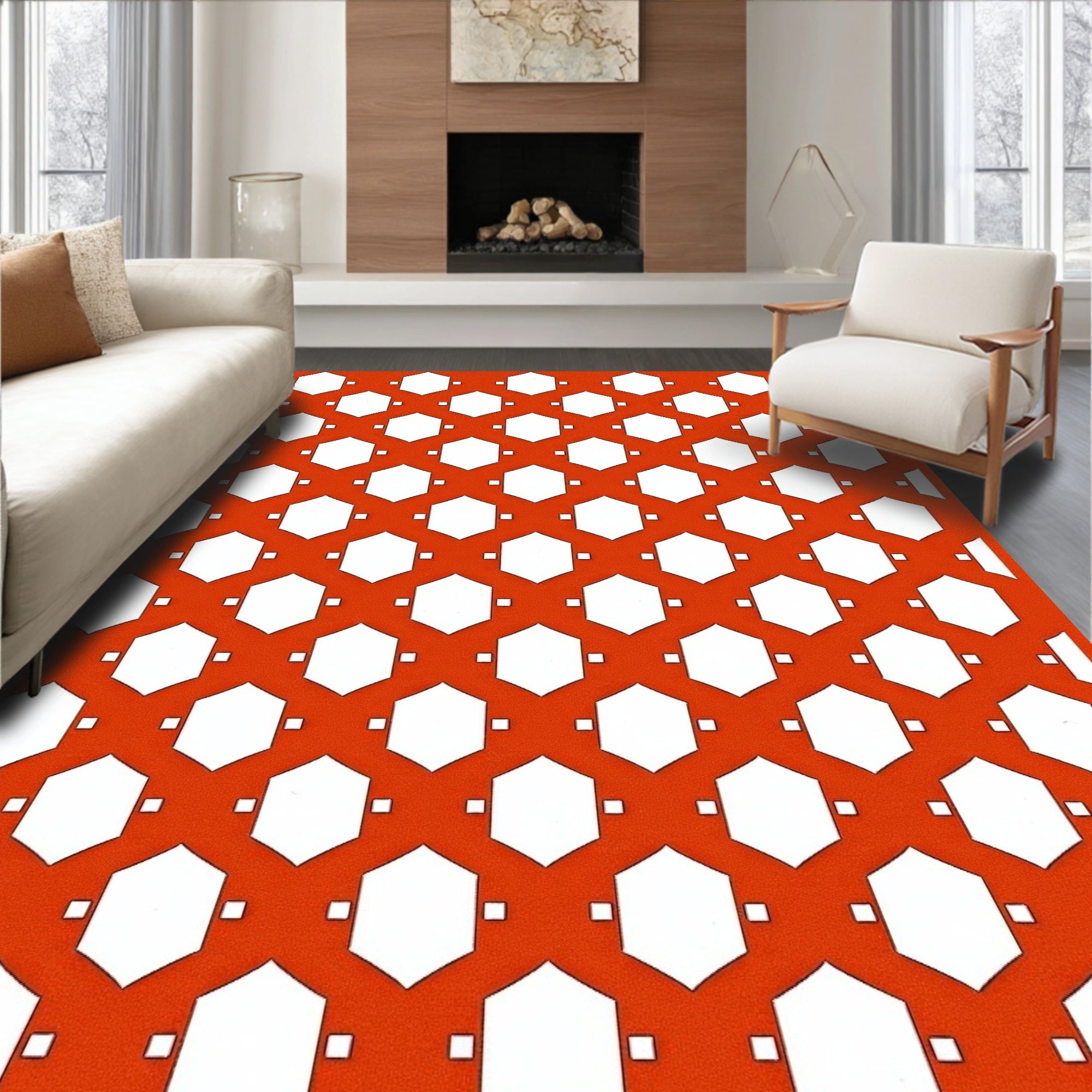 Orange Hexagonal Lattice Woven Pattern Rug