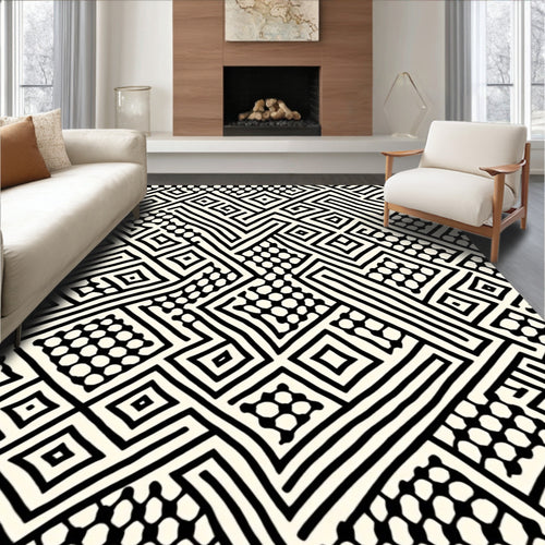 Abstract Black Cream Geometric Pattern Rug