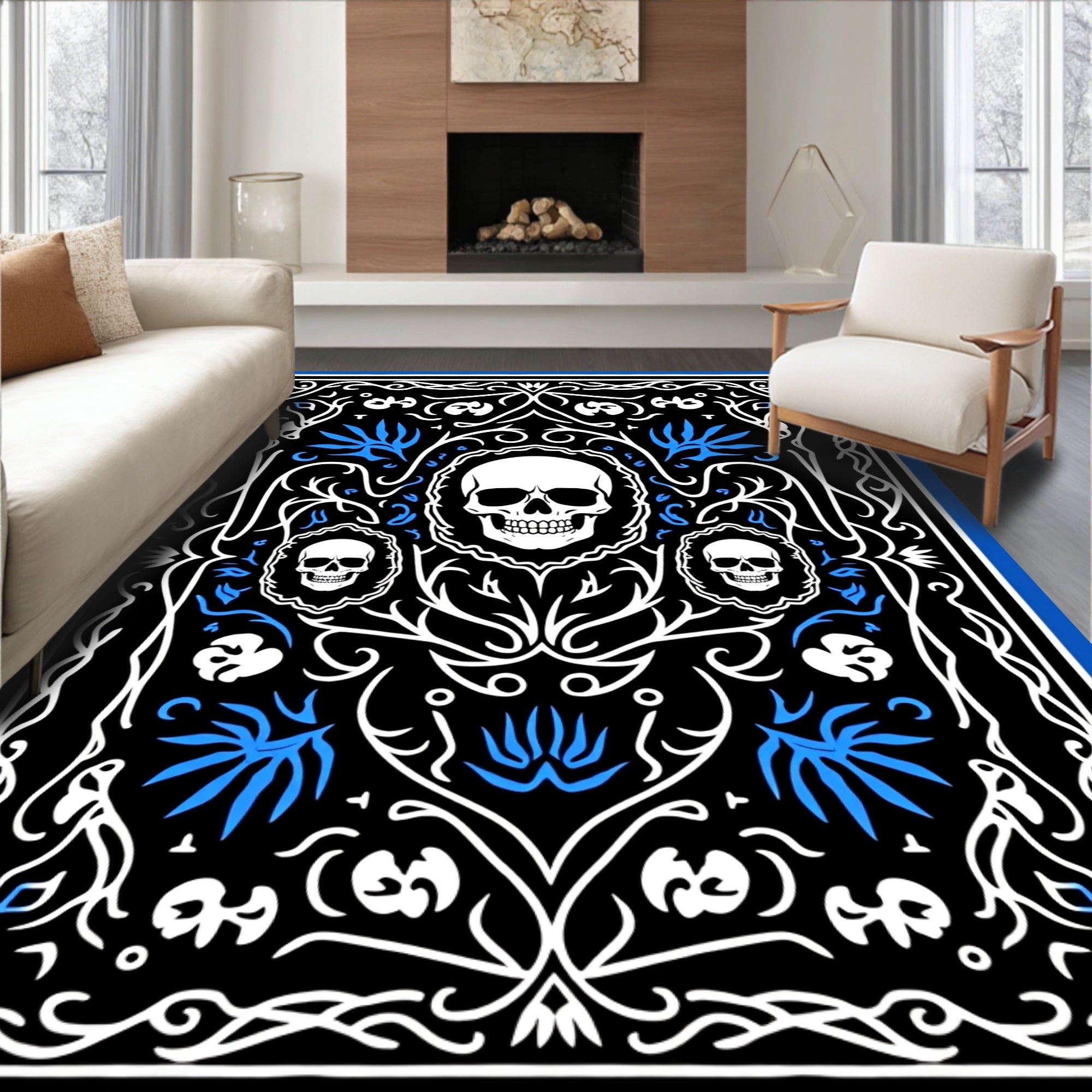 Gothic Skull Floral Pattern Rug