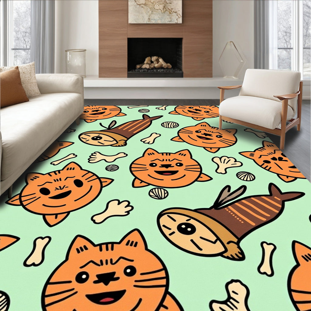 Playful Orange Cat Fish Pattern Rug