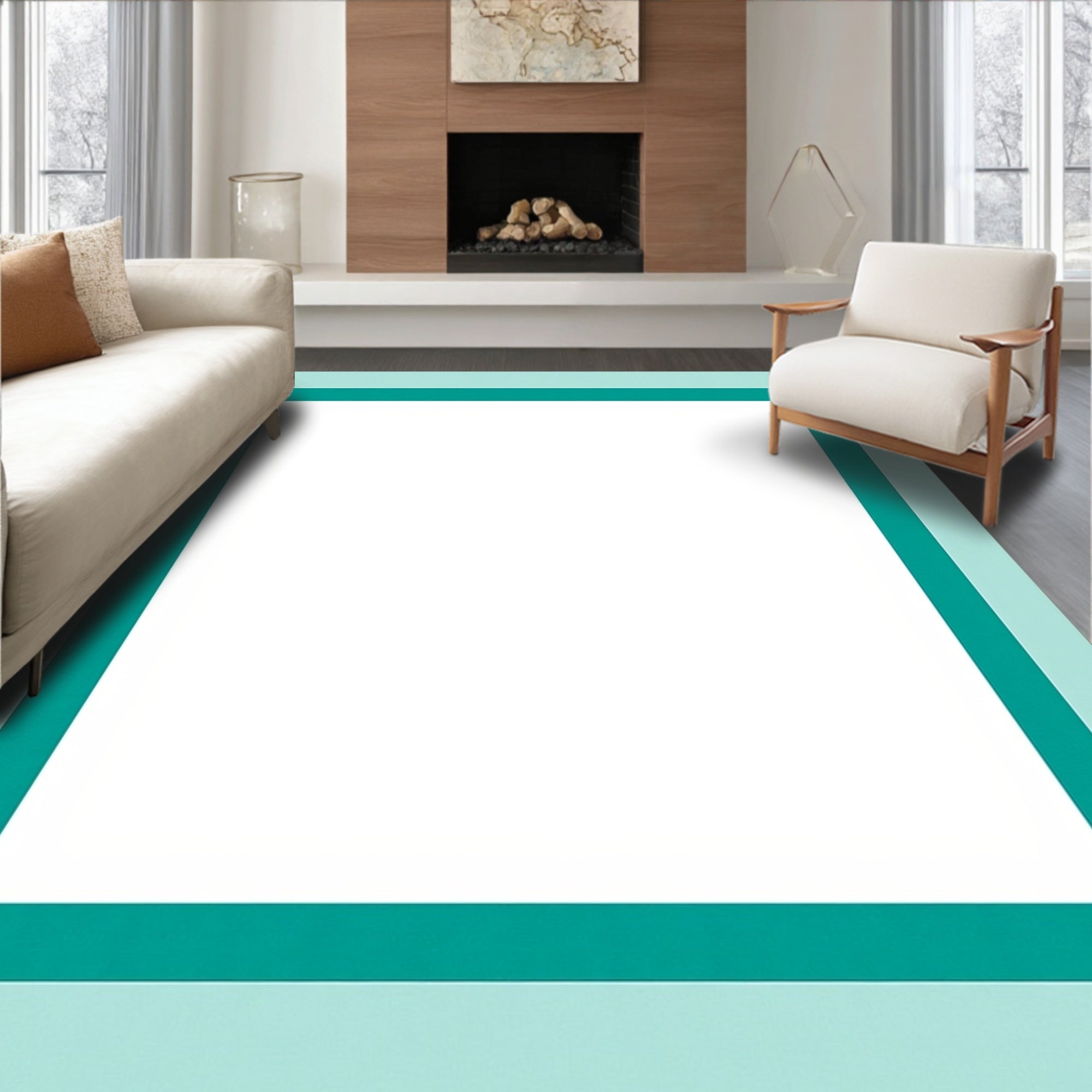 Teal And Aqua Geometric Border Rug