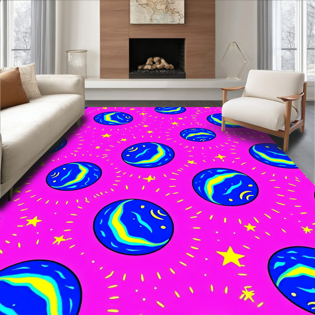 Vibrant Blue Planet Stars Pink Background Rug