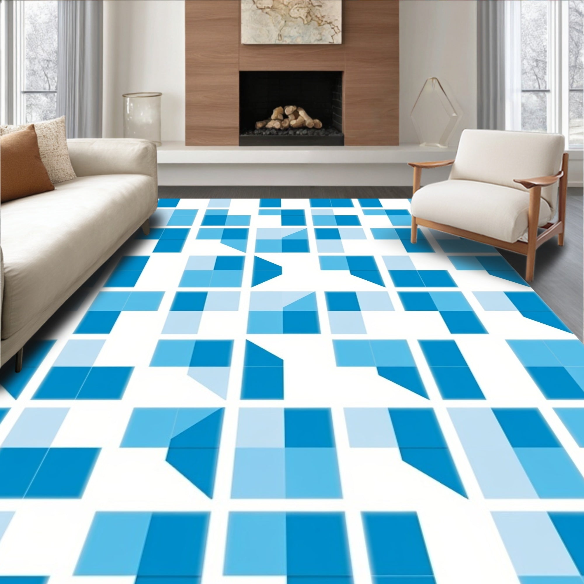 Cool Blue Geometric Tile Pattern Rug
