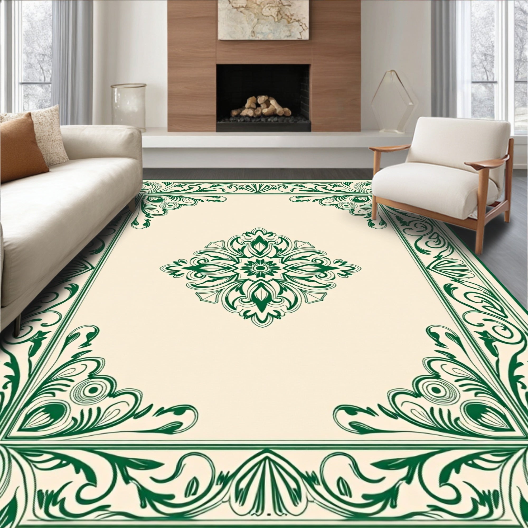 Elegant Green Scrollwork Damask Pattern Rug