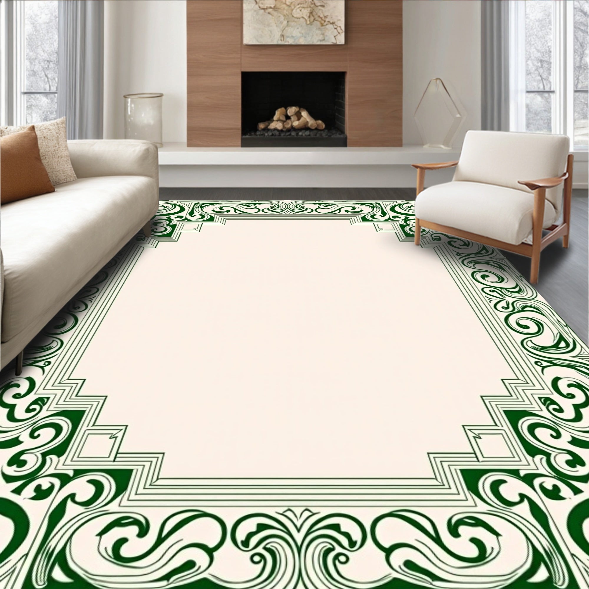 Ornate Scrollwork Green Border Design Rug
