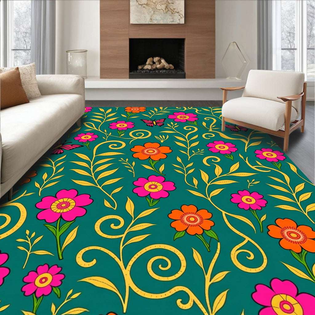 Vibrant Floral Butterfly Delight Rug