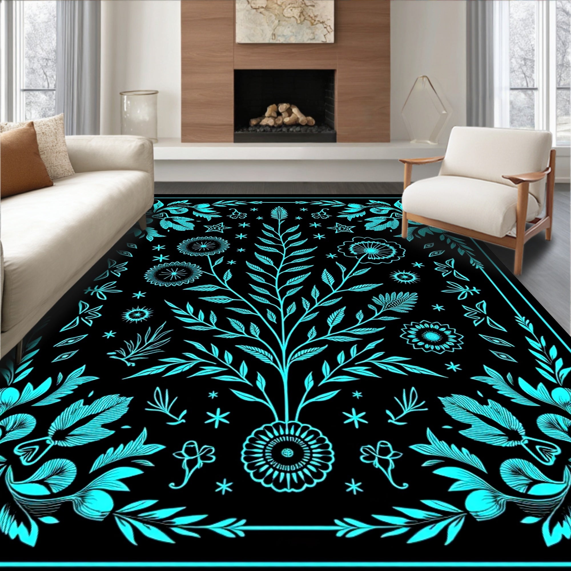 Turquoise Floral Tree Mandala Art Rug