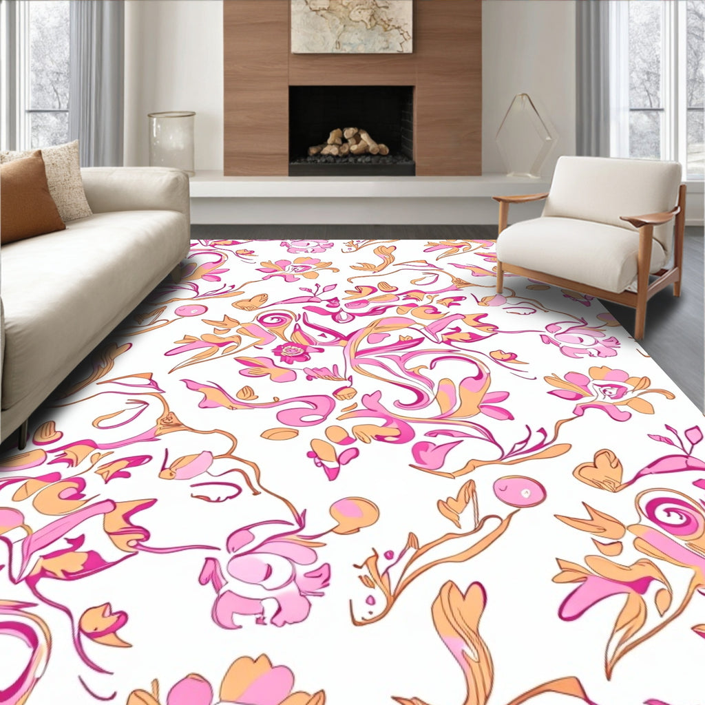 Pink Orange Floral Swirls Pattern Rug