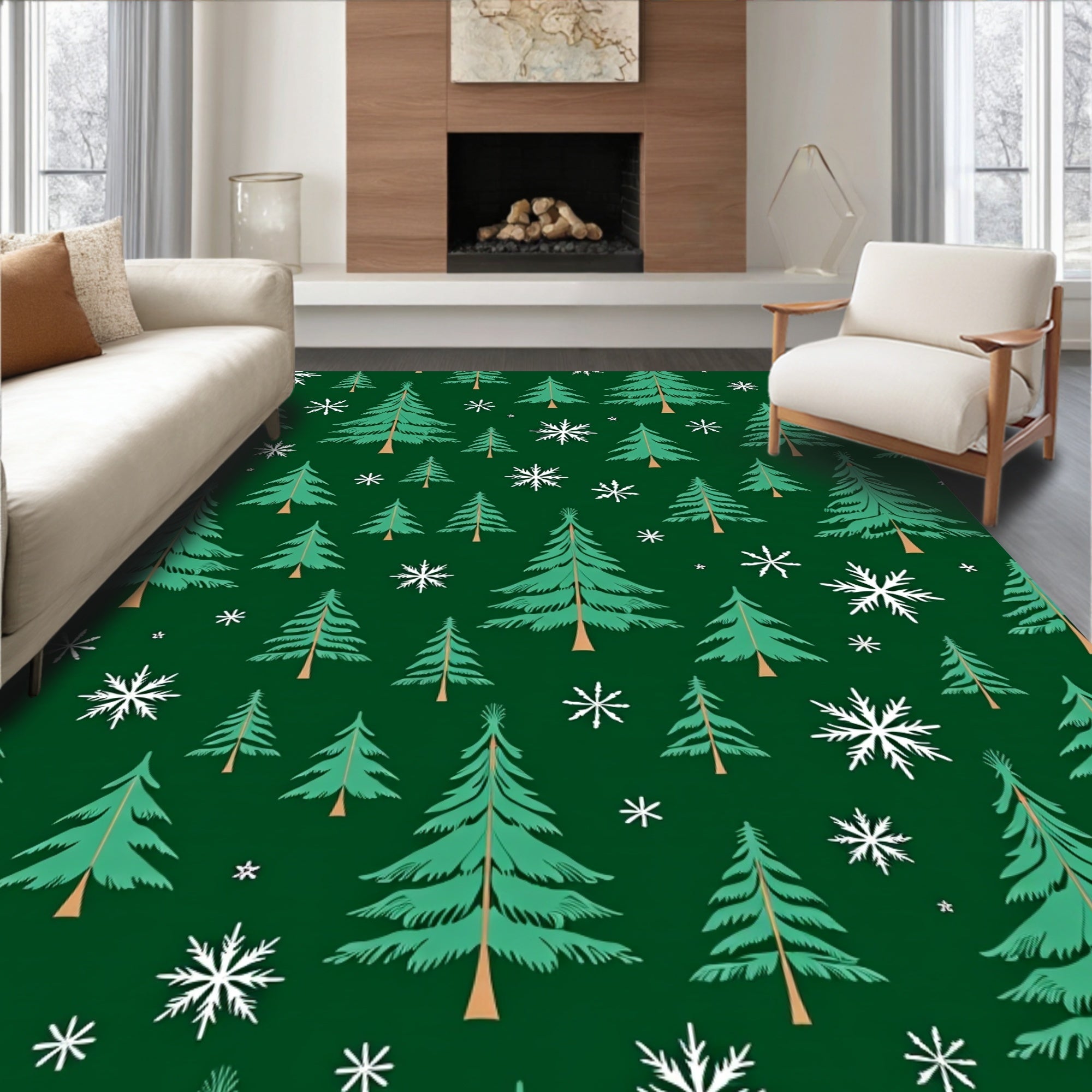 Evergreen Trees Snowflakes Deep Green Rug