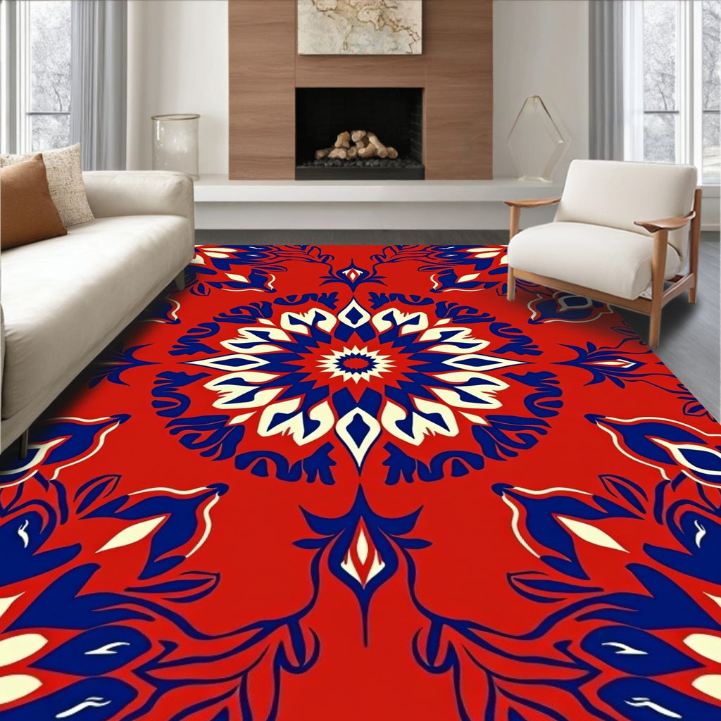 Bold Floral Mandala Red Blue Design Rug