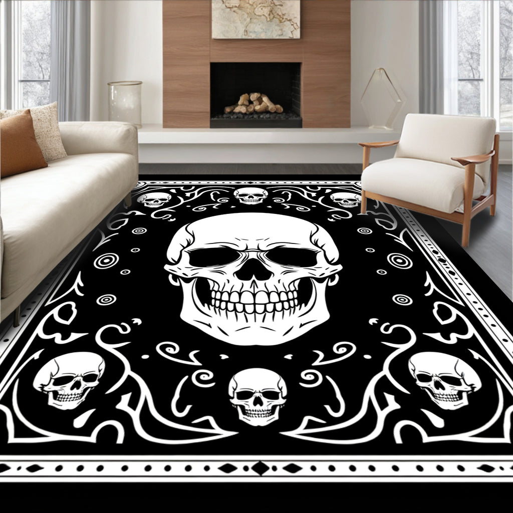 Gothic Skull Patterned Black White Rug