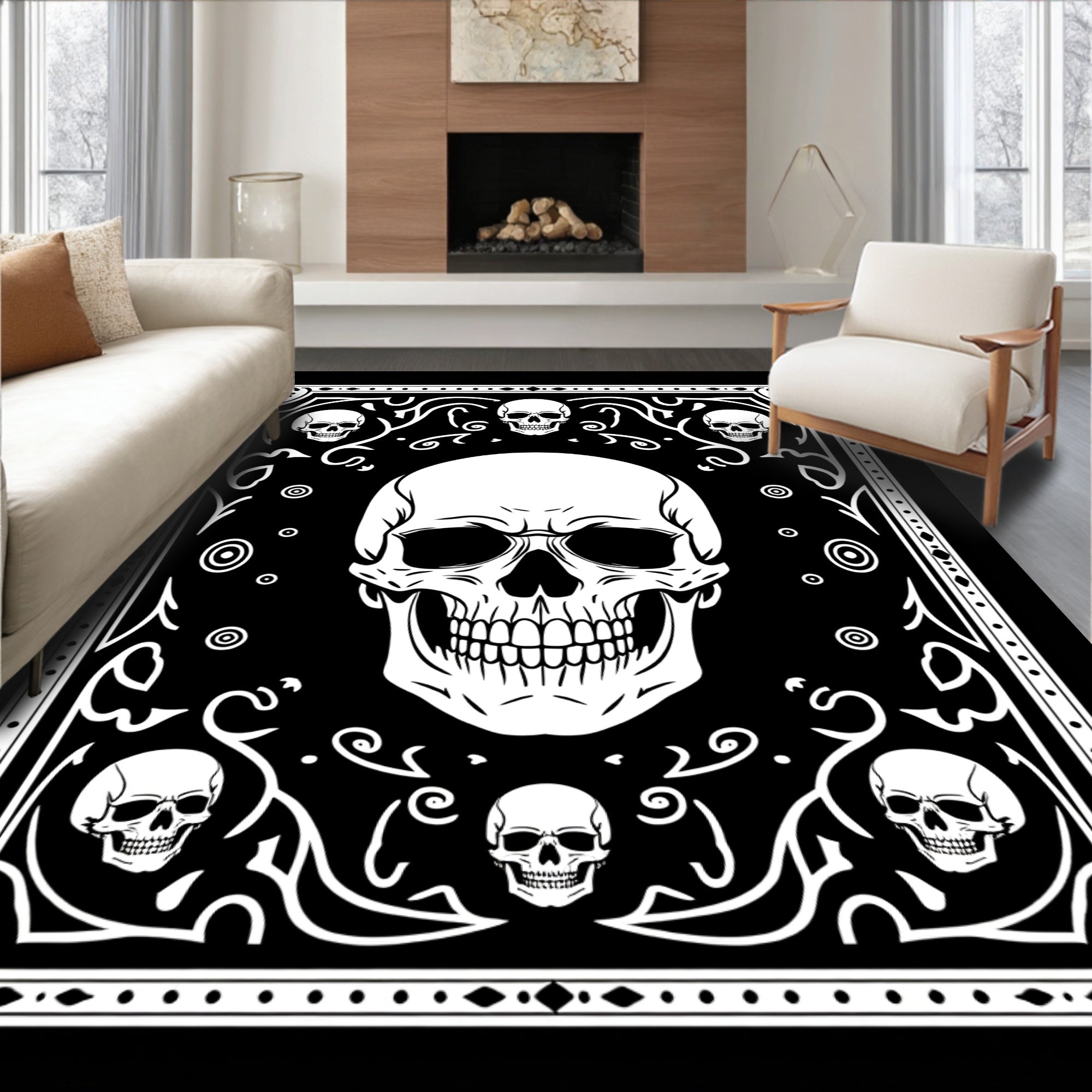 Gothic Skull Patterned Black White Rug