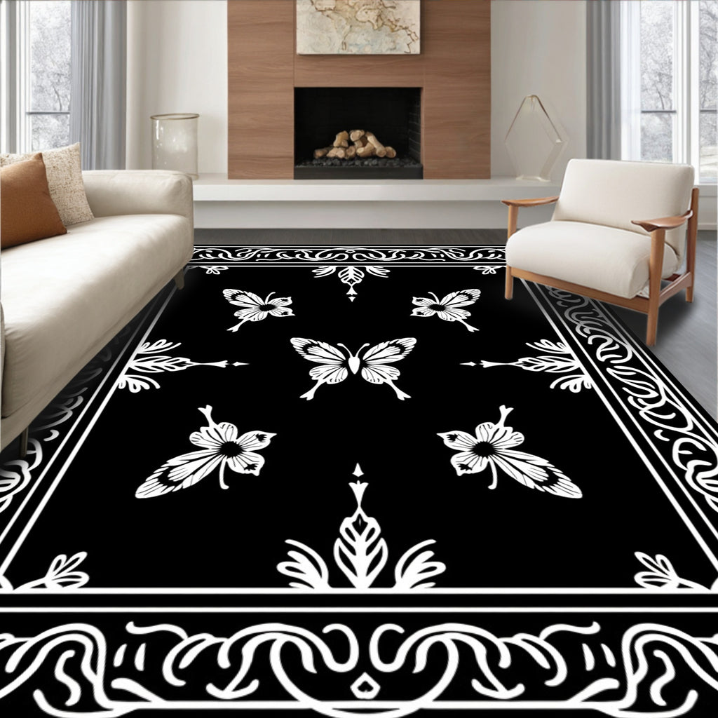 Elegant Black White Butterfly Pattern Rug