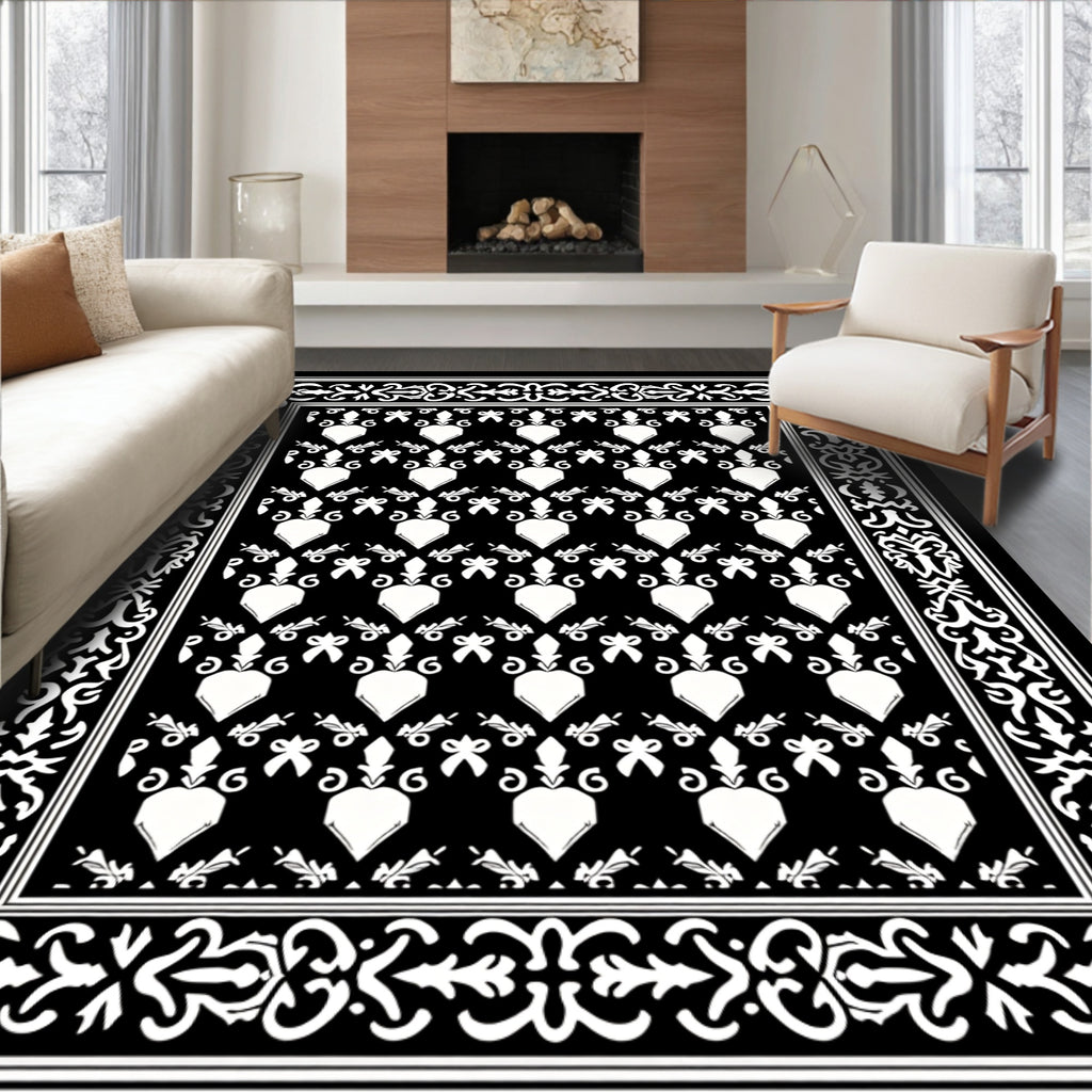 Ornate Black White Heart Pattern Rug