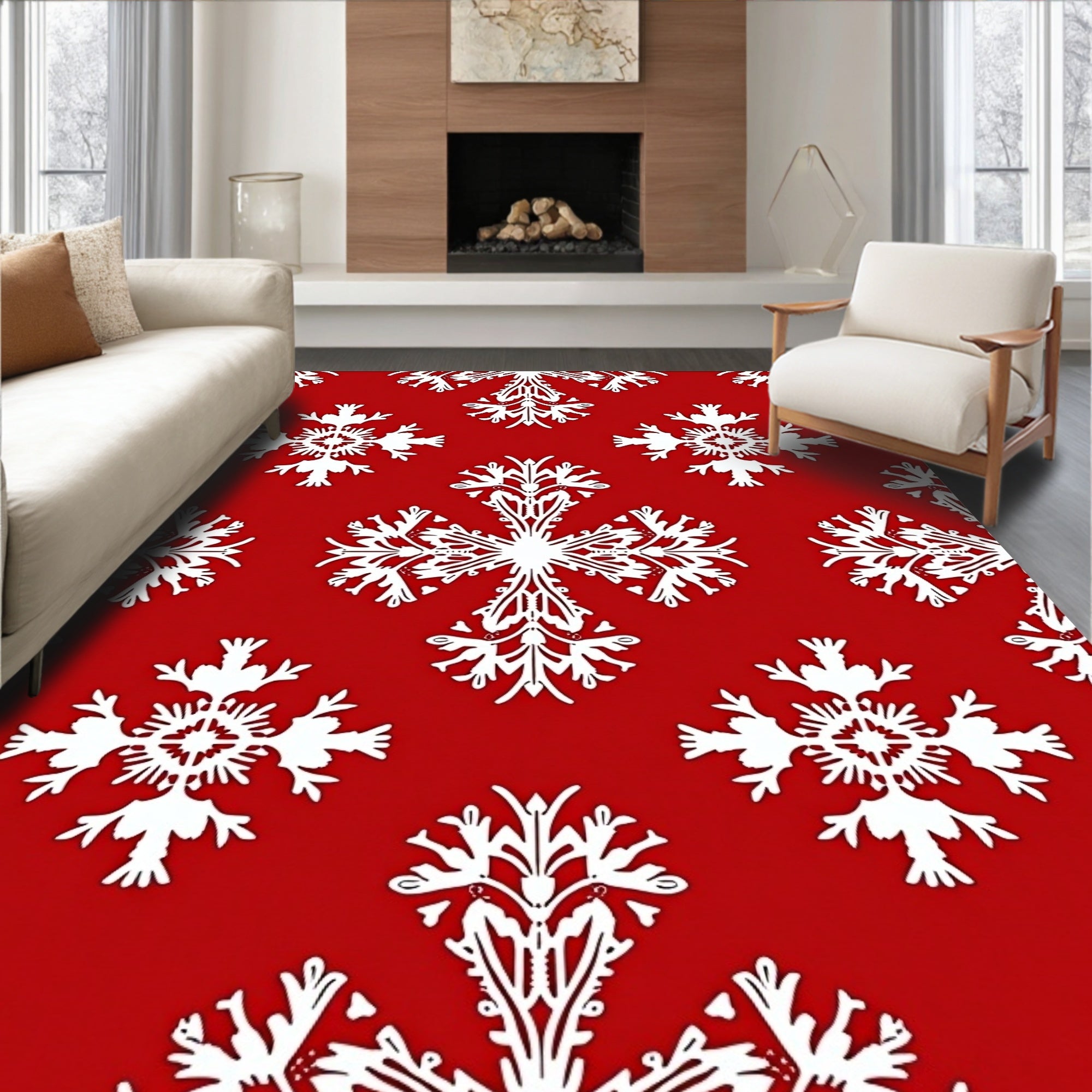 White Snowflake Damask On Red Rug