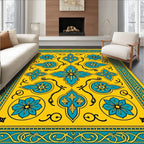Ornate Yellow Teal Floral Pattern Rug