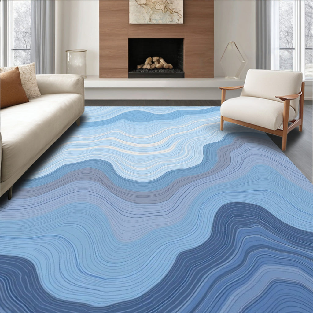 Wavy Blue And White Lines Pattern Rug