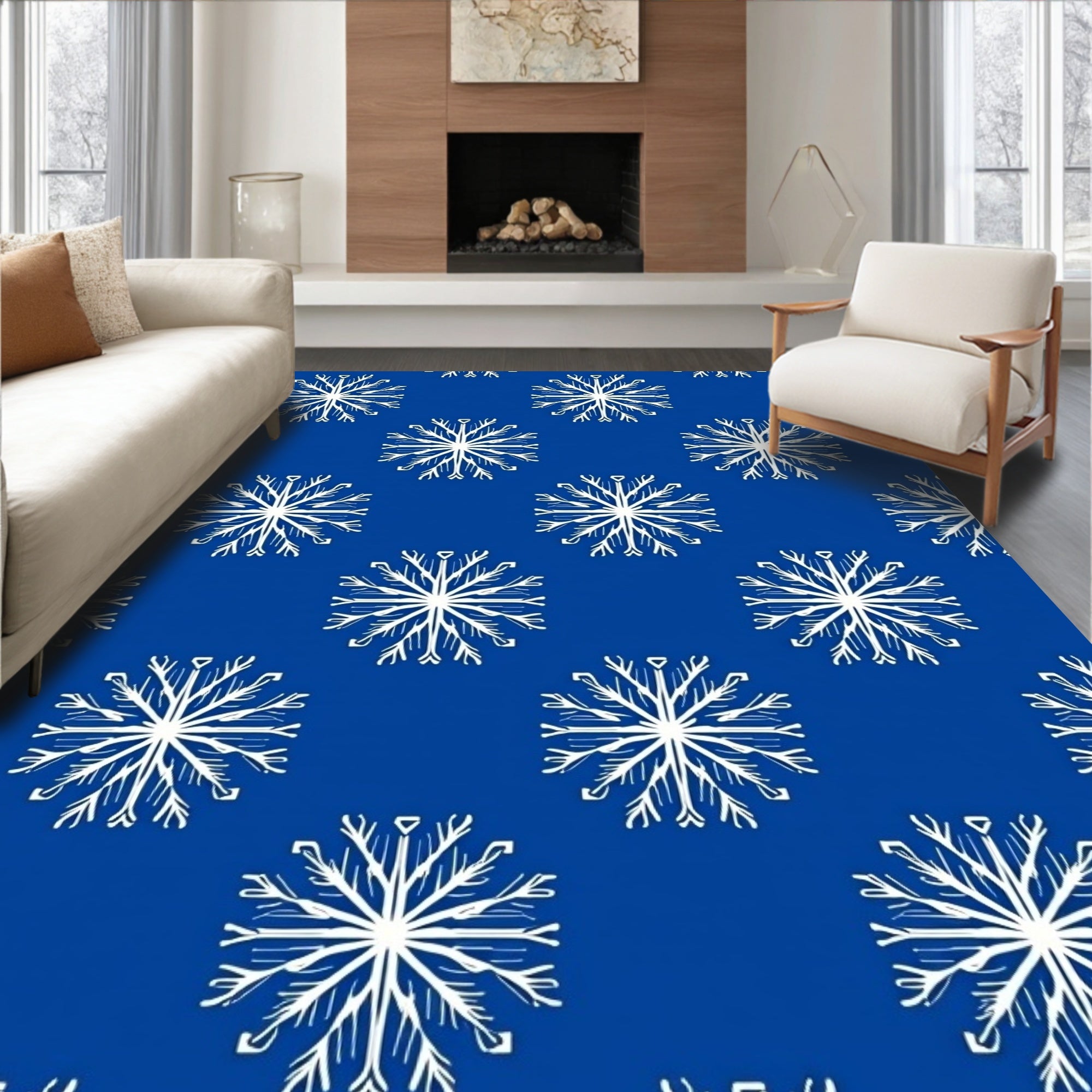 Blue White Snowflake Pattern Rug