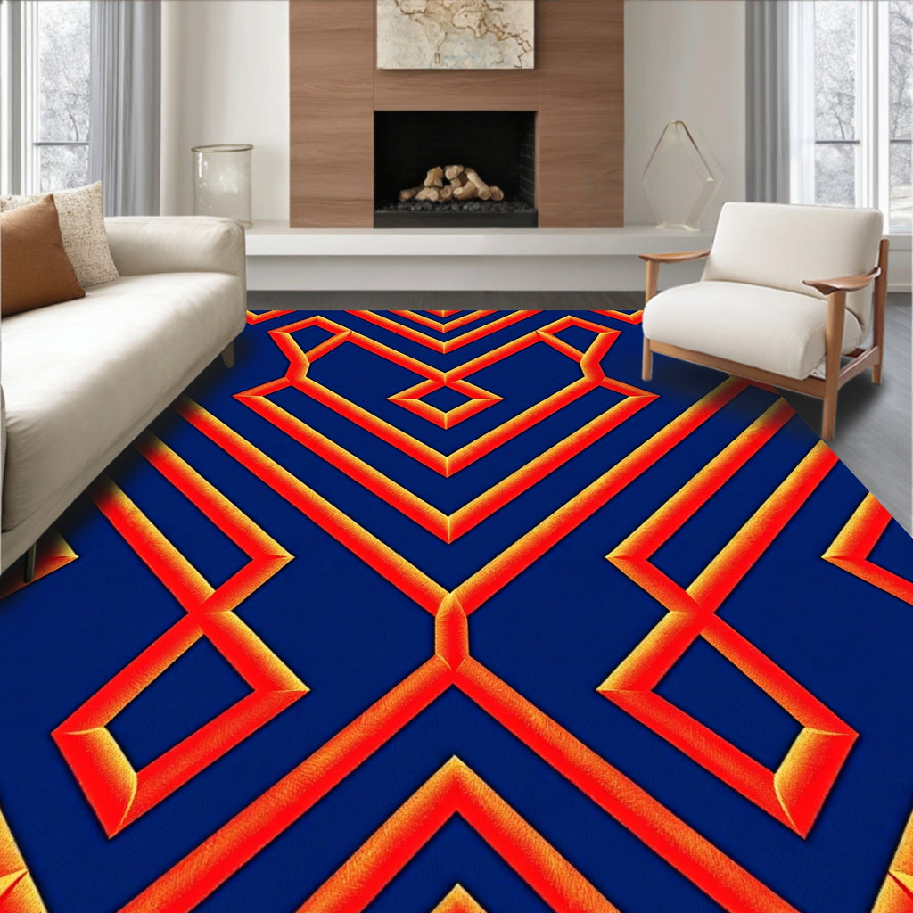 Bold Red Orange Geometric Pattern Rug