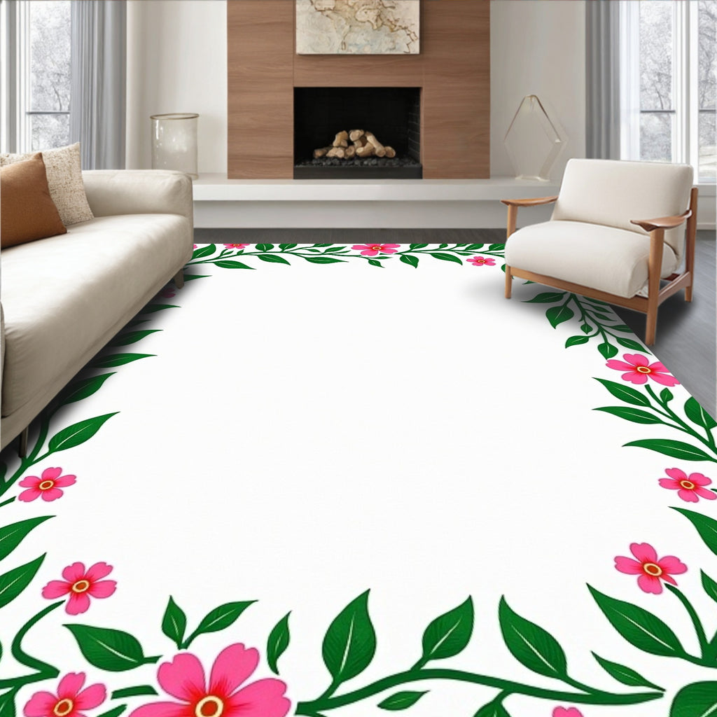 Vibrant Pink Floral Vine Border Design Rug