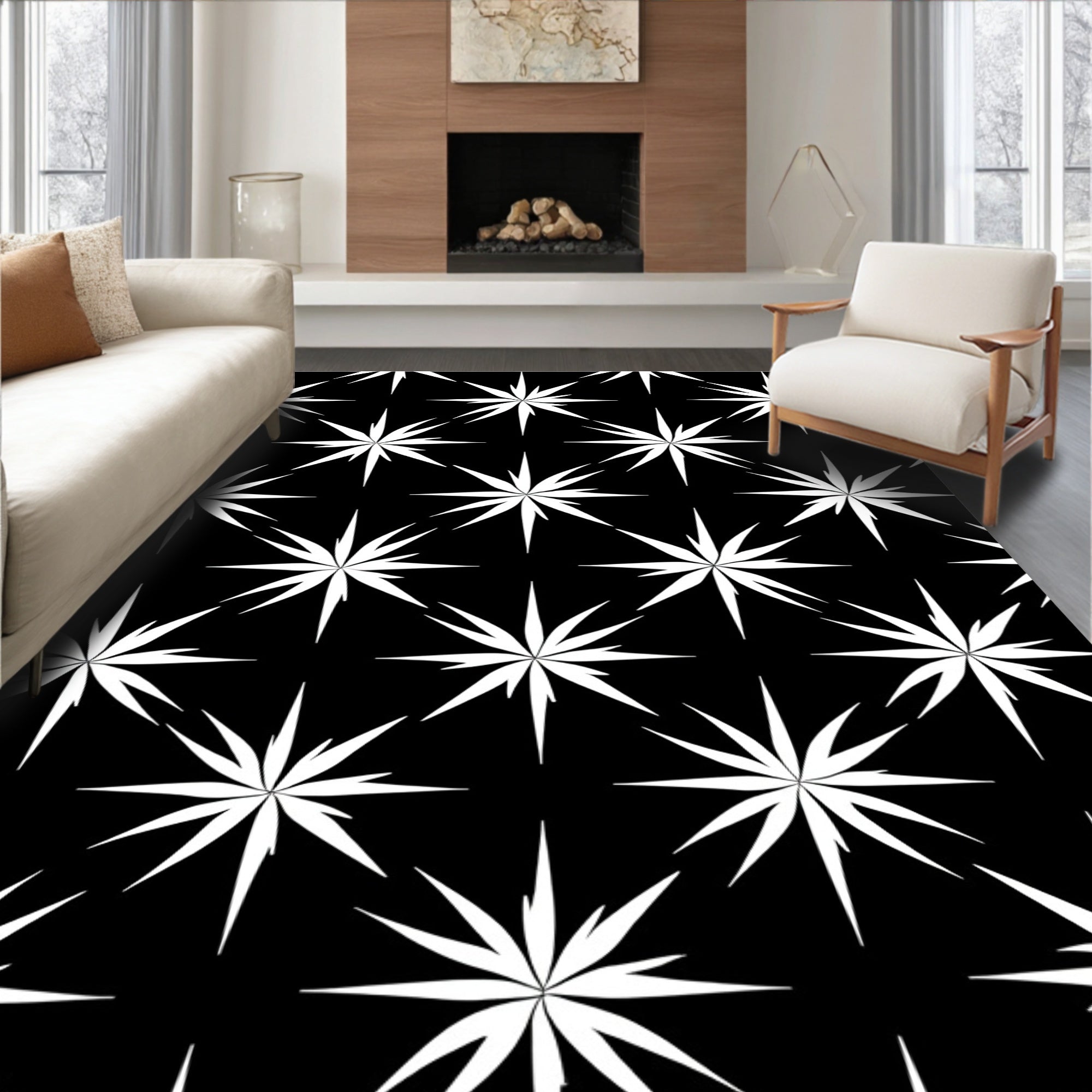 Sharp Starburst Black White Pattern Rug