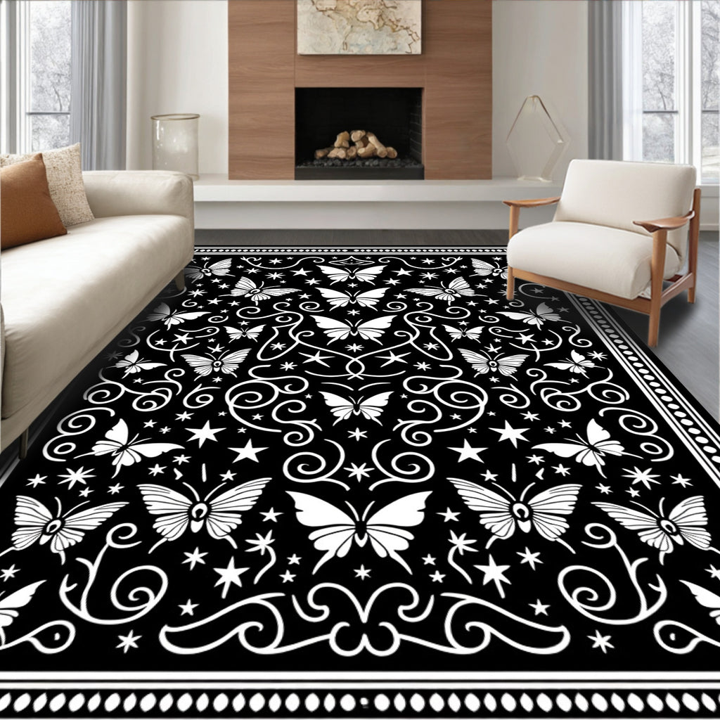 Black Butterfly Swirl Star Pattern Rug