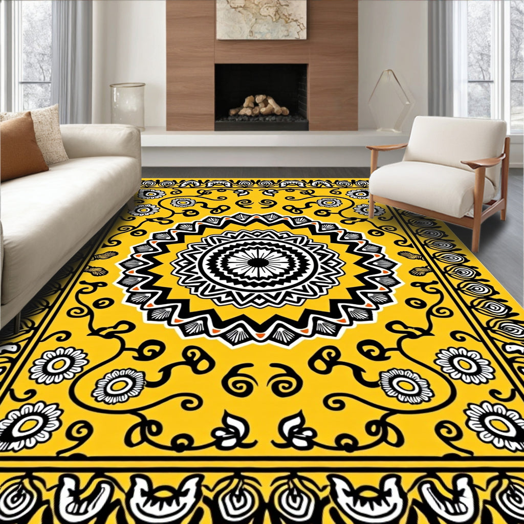 Sunny Yellow Exotic Floral Mandala Rug