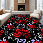Dramatic Red Roses Black Floral Design Rug