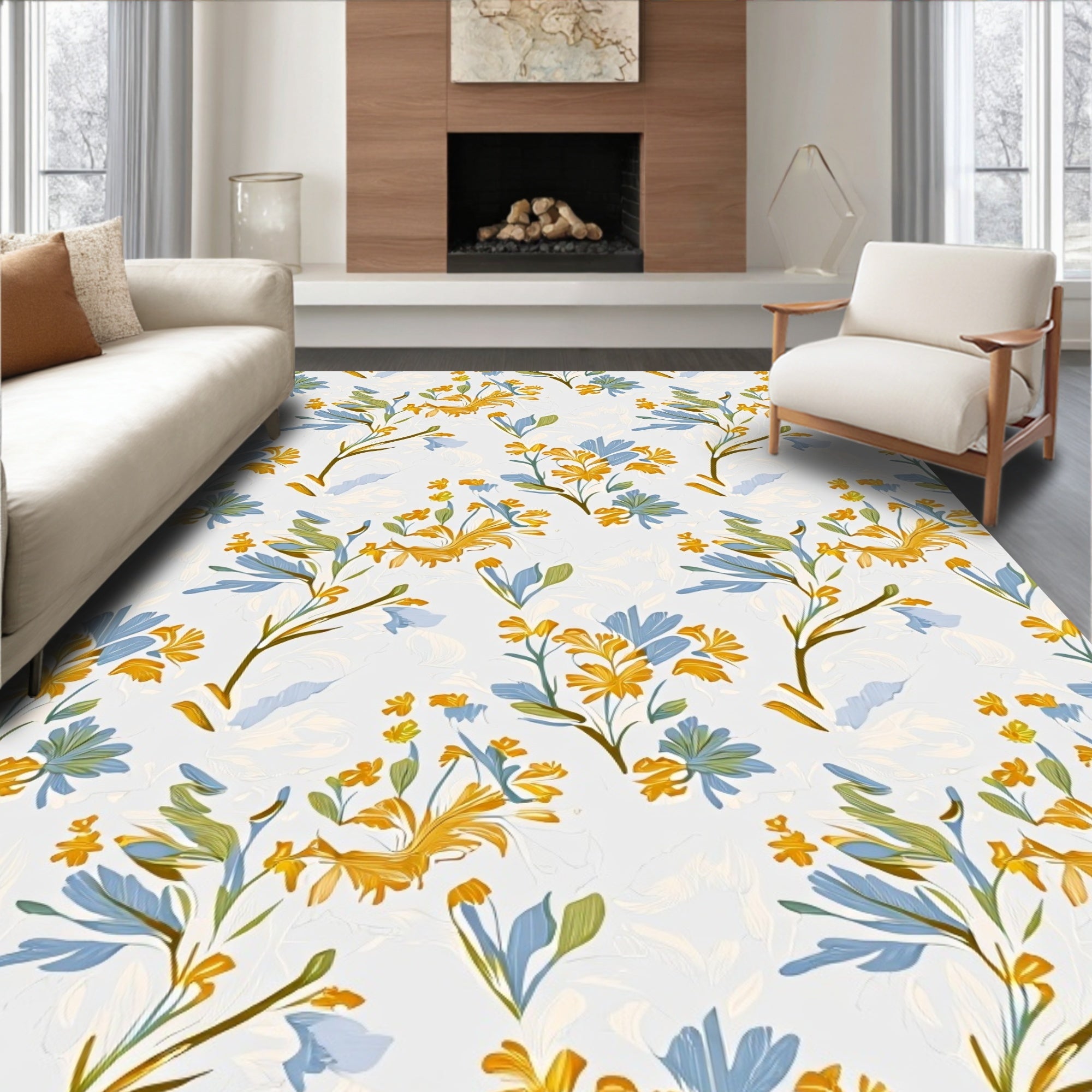 Floral Branches In Yellow And Blue Rug