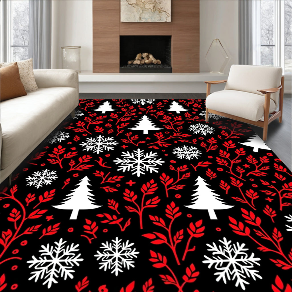 Winter Red Leaf Snowflake Tree Collage Rug