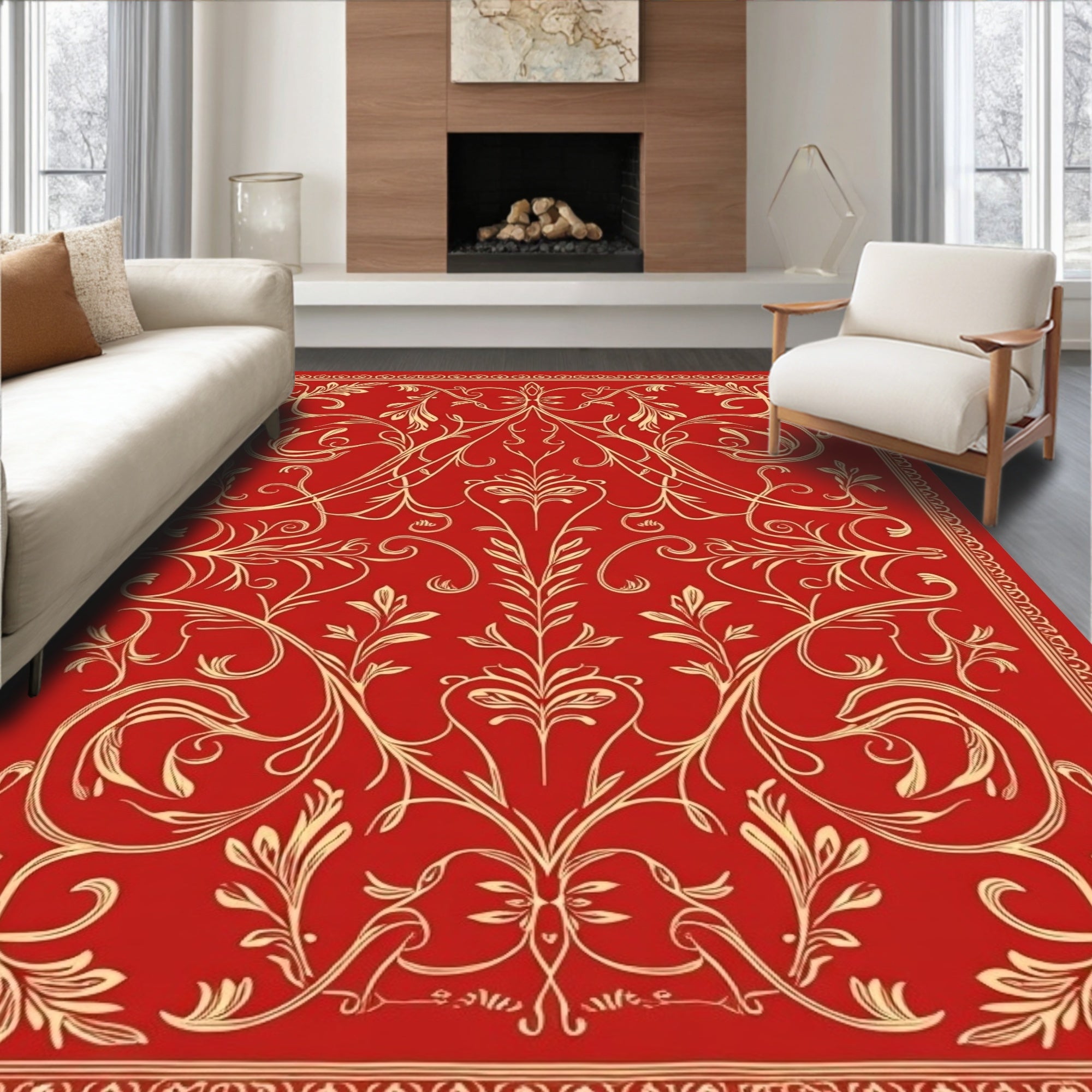 Red Cream Damask Vine Pattern Rug