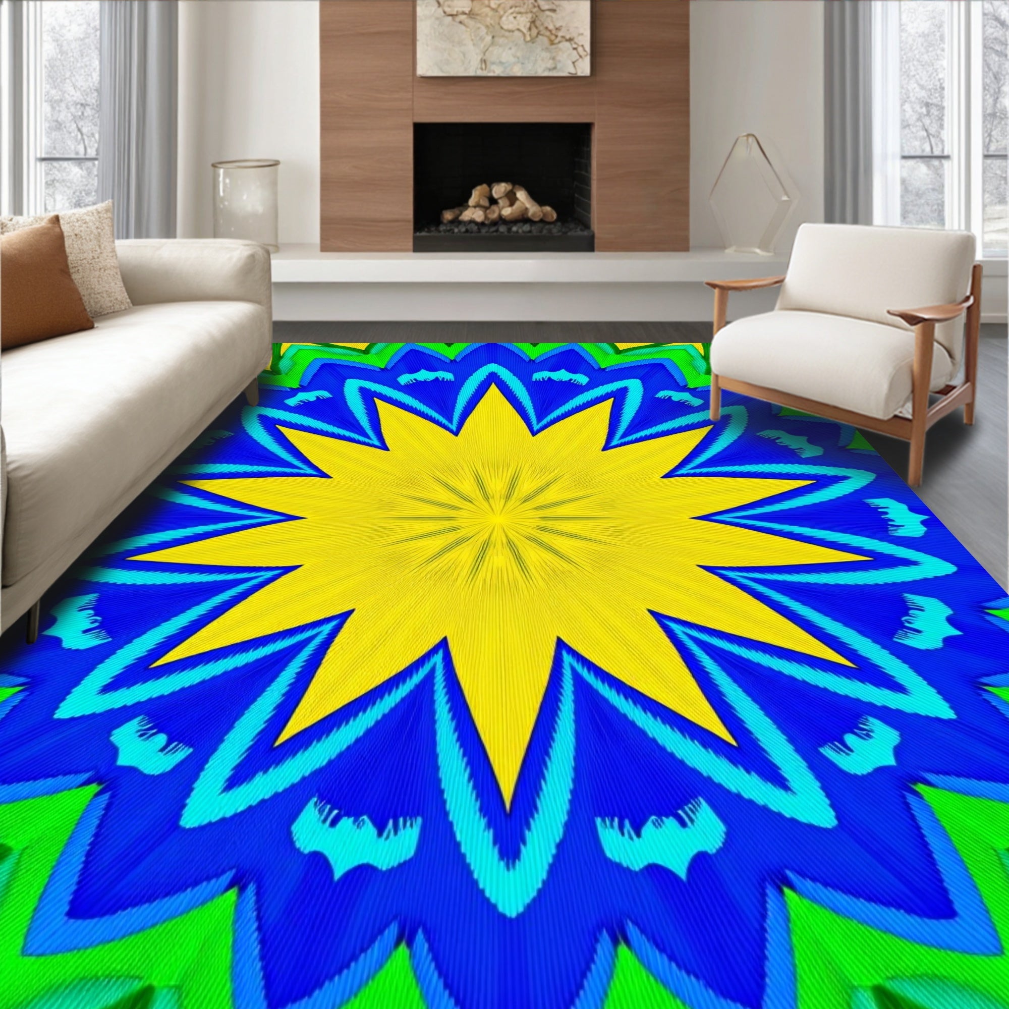 Vibrant Geometric Starburst Mandala Rug