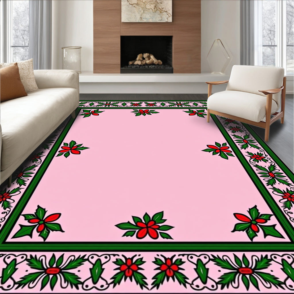 Pink Floral Leaf Border Design Rug