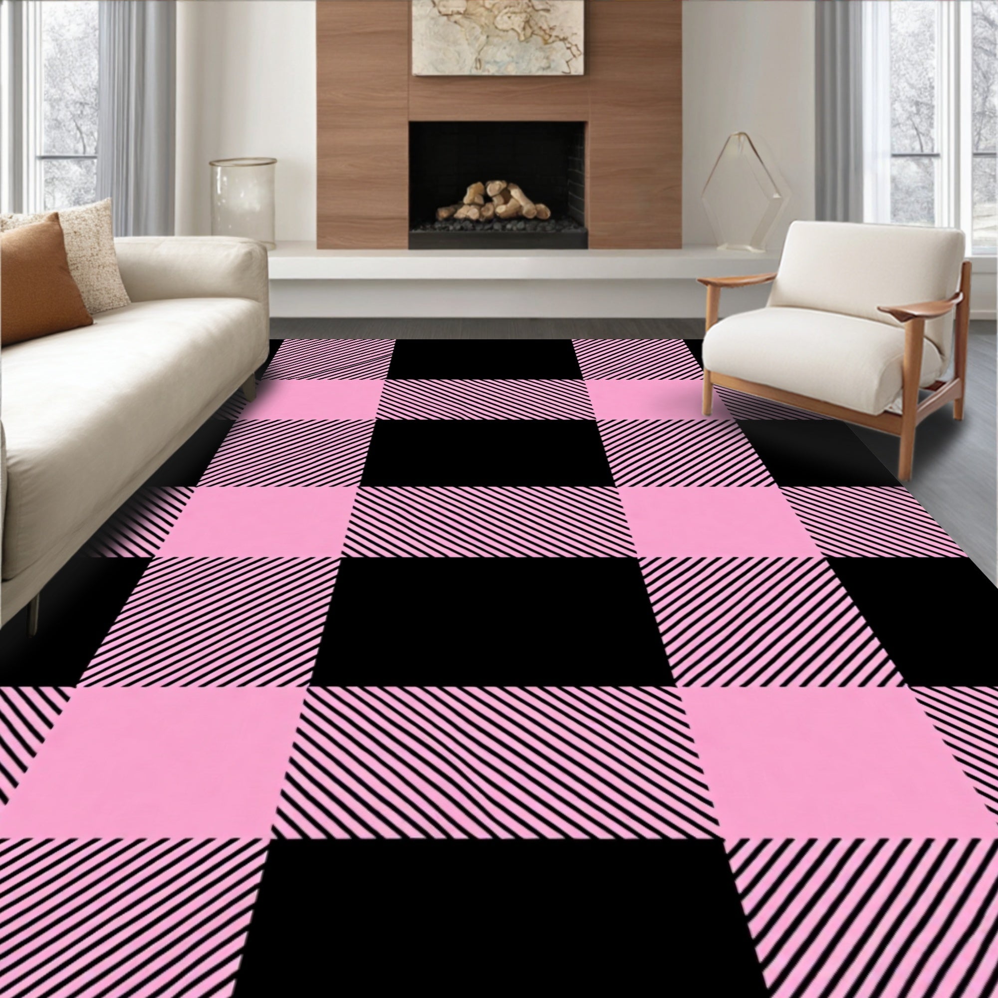 Pink Black Buffalo Check Plaid Rug