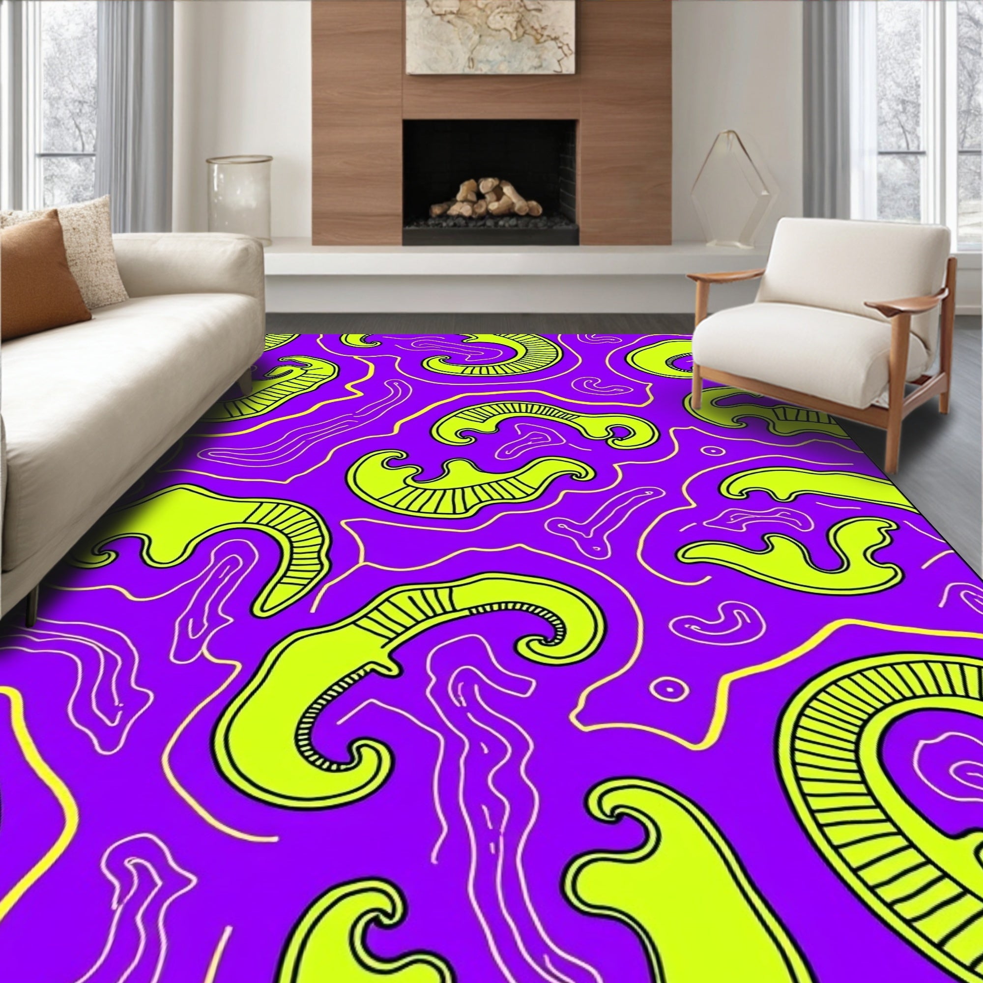 Vivid Yellow Curvy Abstract Pattern Rug