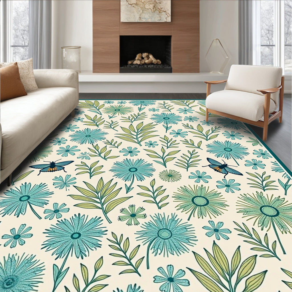 Botanical Daisy Butterfly Pattern Rug