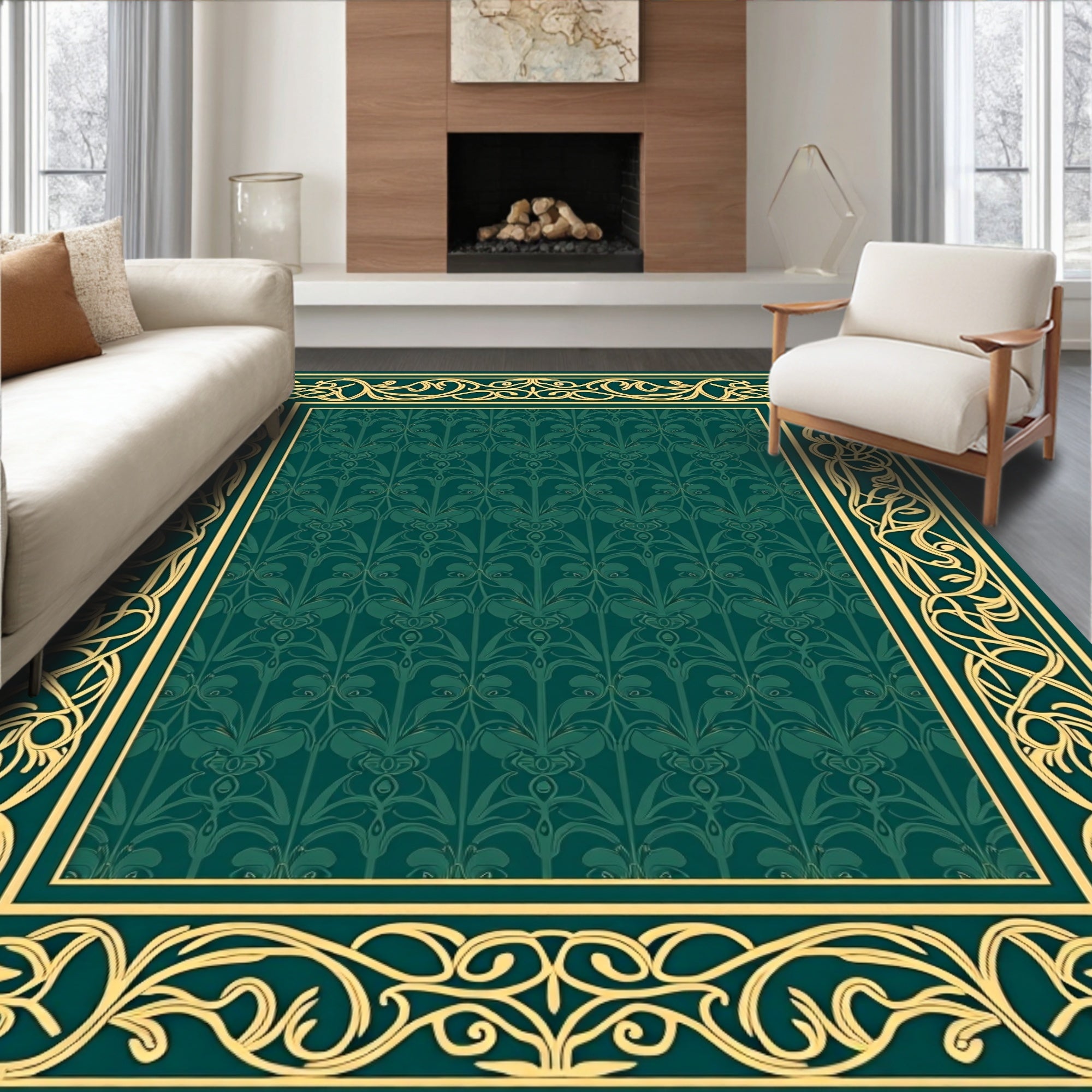 Art Nouveau Scrollwork Green Floral Rug