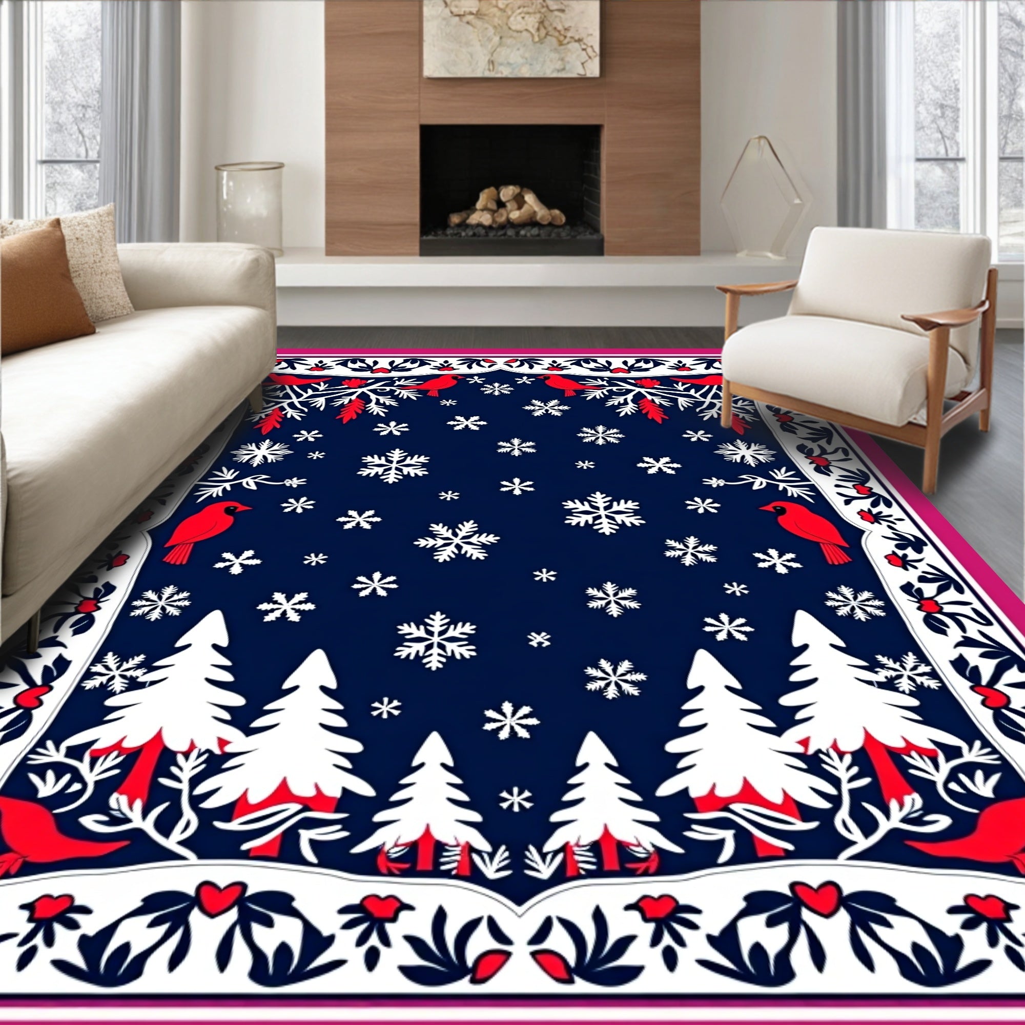 Crimson Cardinals Snowy Forest Border Rug