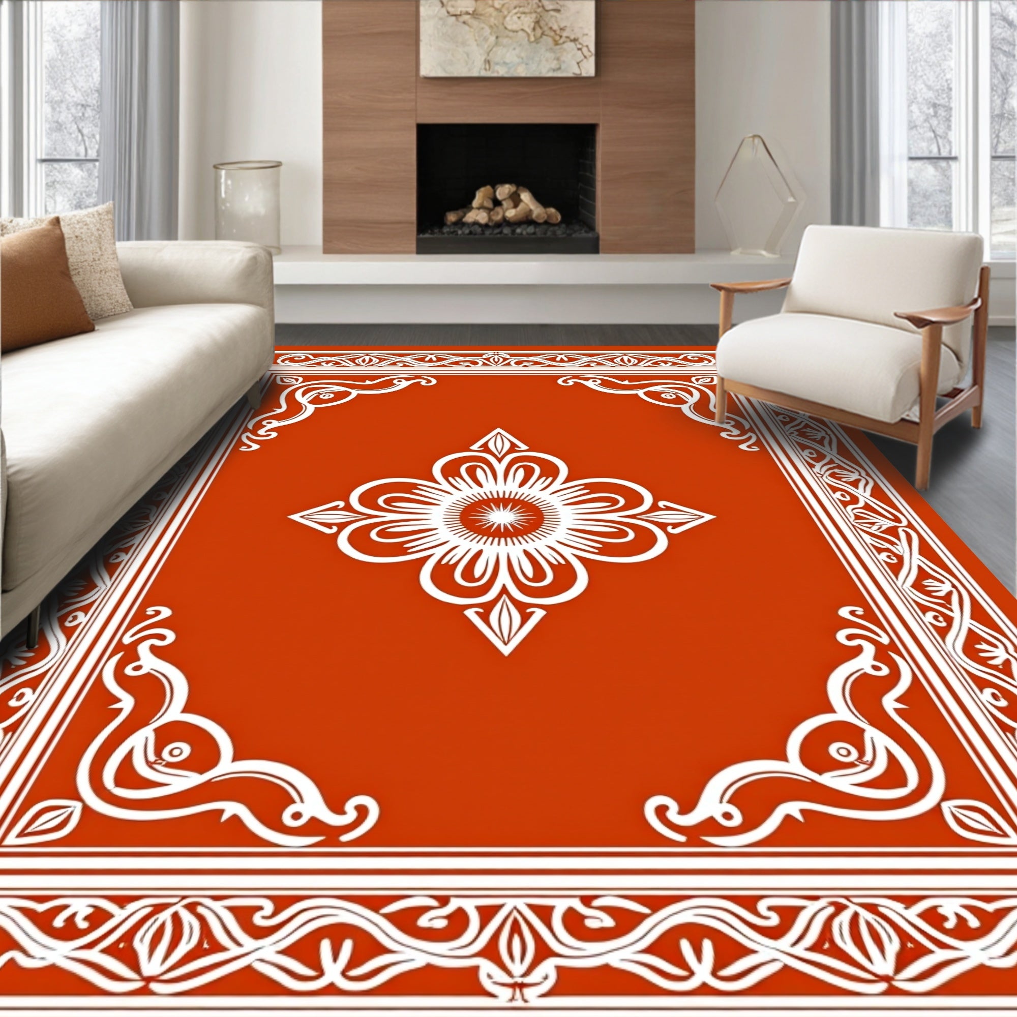 Symmetrical Floral Border Pattern Rug