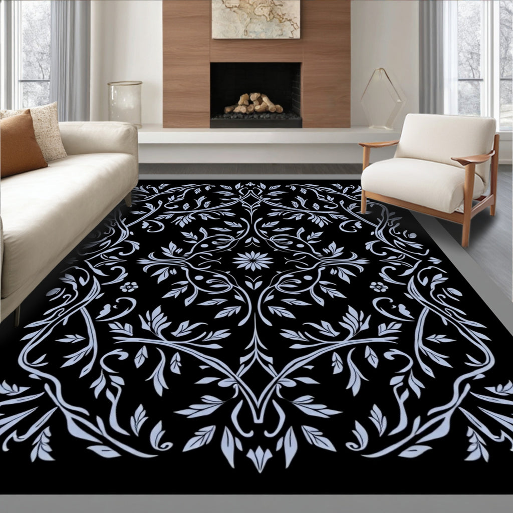 Ornate Black And White Floral Scroll Rug