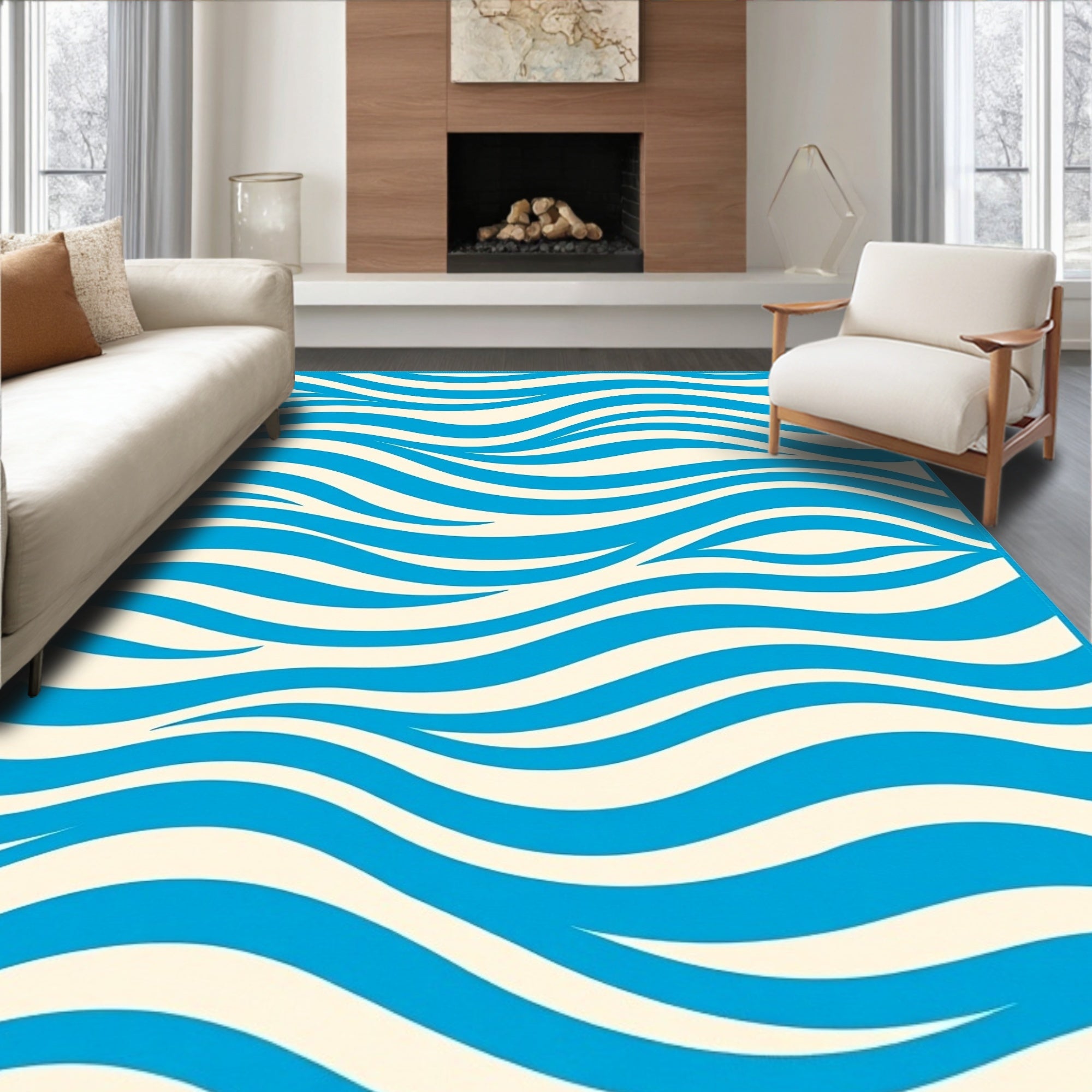 Blue Cream Flowing Abstract Waves Rug
