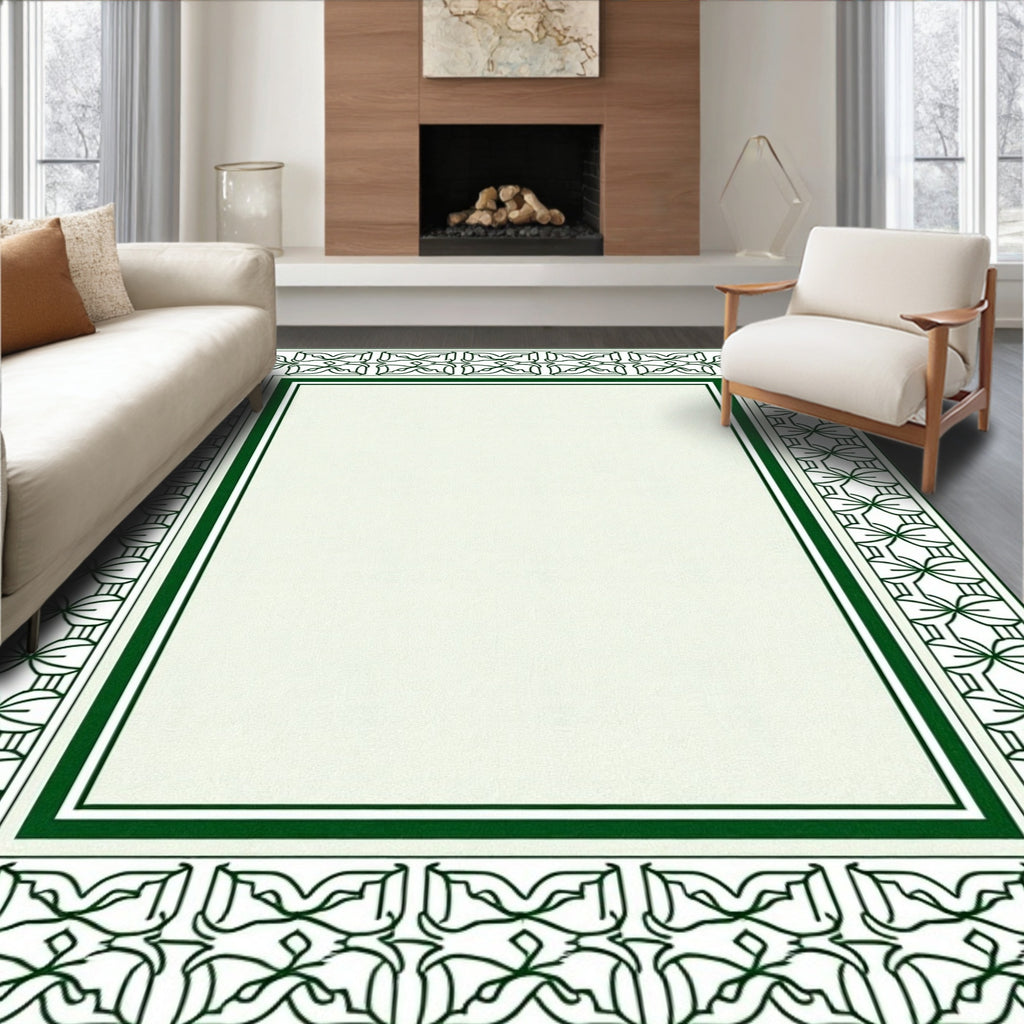 Classic Green Geometric Floral Border Rug