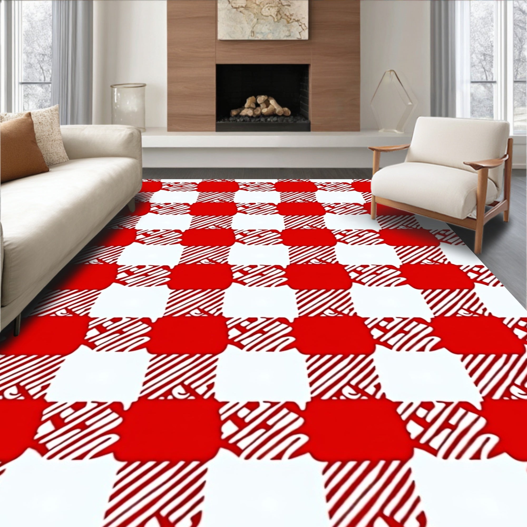 Red White Checkerboard Pattern Rug
