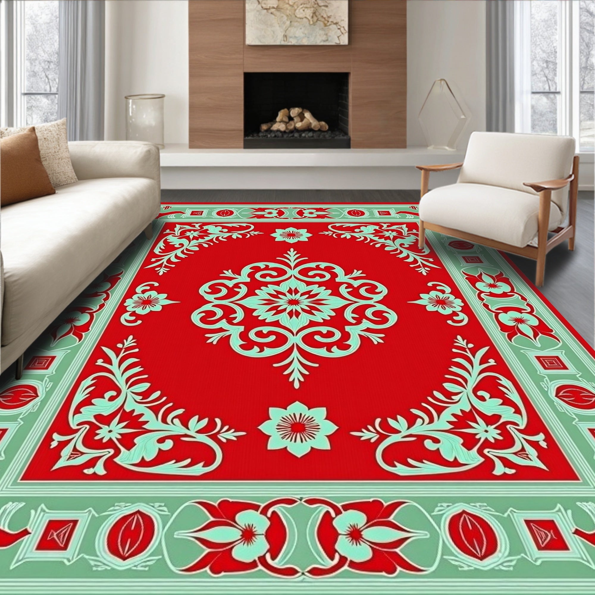 Red Teal Ornate Floral Motif Rug