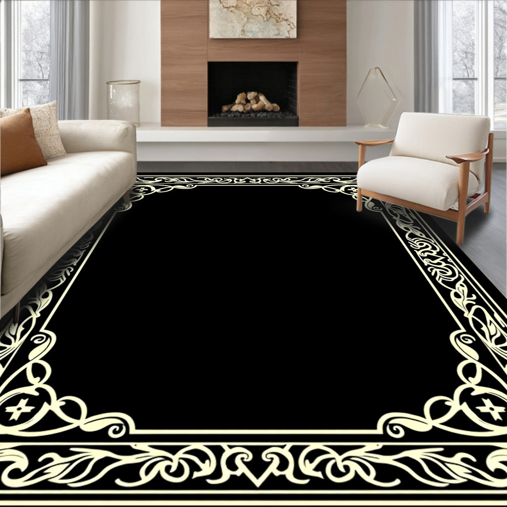 Ornate Cream Floral Scrollwork Border Rug