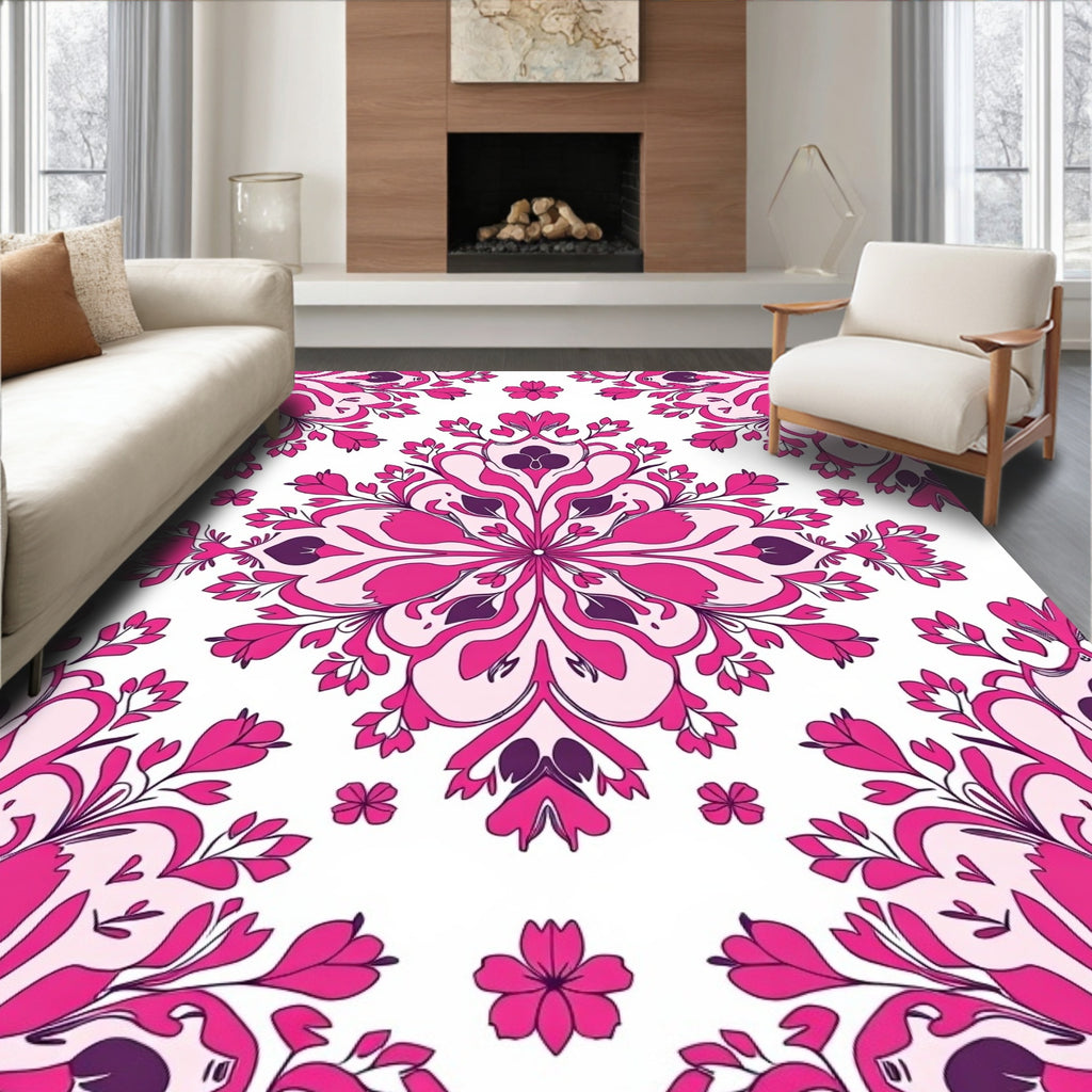 Ornate Pink Floral Mandala Design Rug