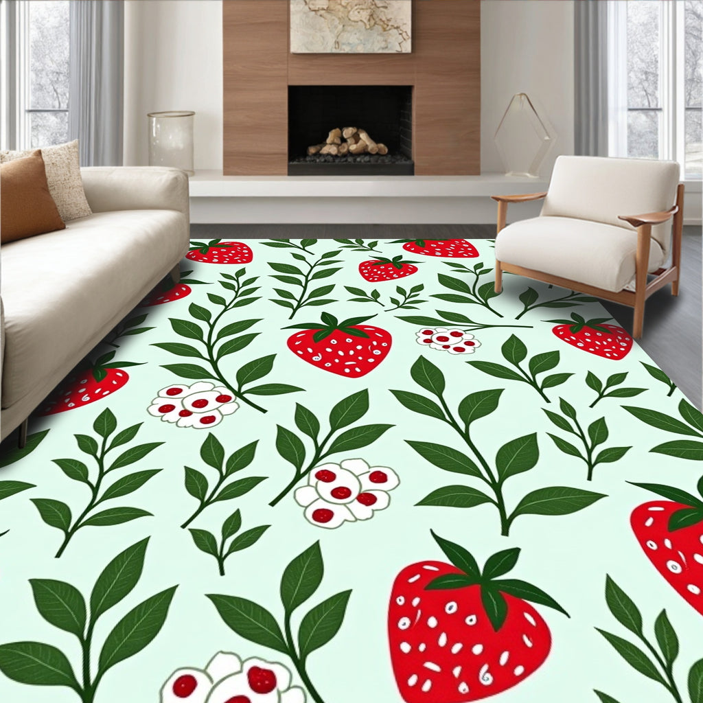 Red Strawberry Green Leaf Nature Print Rug