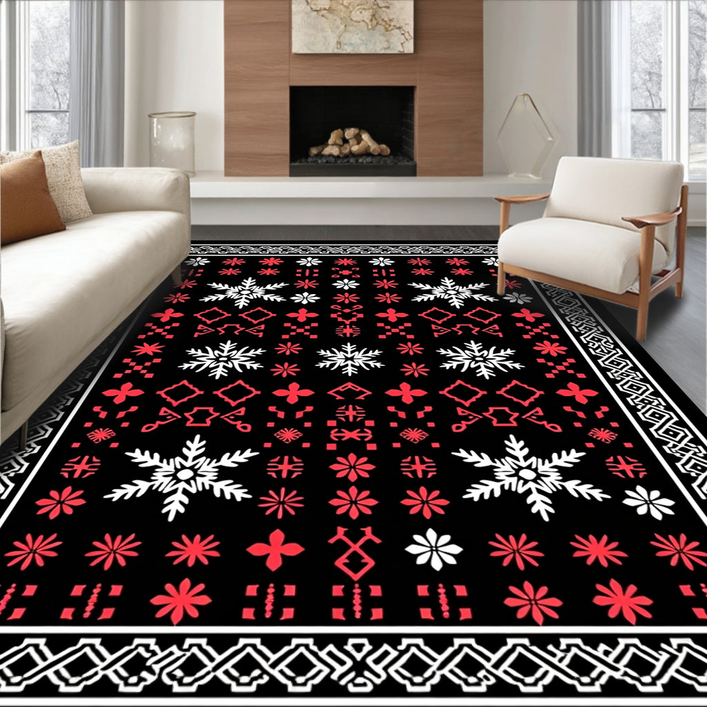 Black Red White Snowflake Pattern Rug